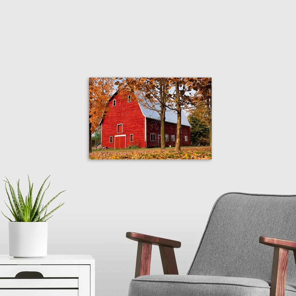 A modern room featuring Vermont, red barn in autumn scene