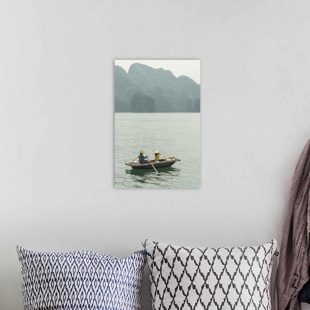 A bohemian room featuring Vietnam, Northeast, North Vietnam, Coast, Halong Bay, Women in a rowing boat with Cat Ba Island i...