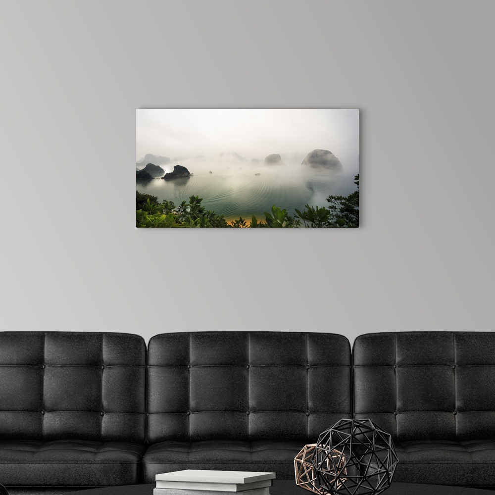 A modern room featuring Vietnam, Northeast, Halong Bay, Mist above waters of Halong Bay.
