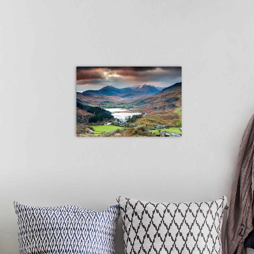 A bohemian room featuring UK, Wales, Great Britain, Snowdonia National Park, Gwynedd, Gwynedd, View over Capel Curig with M...