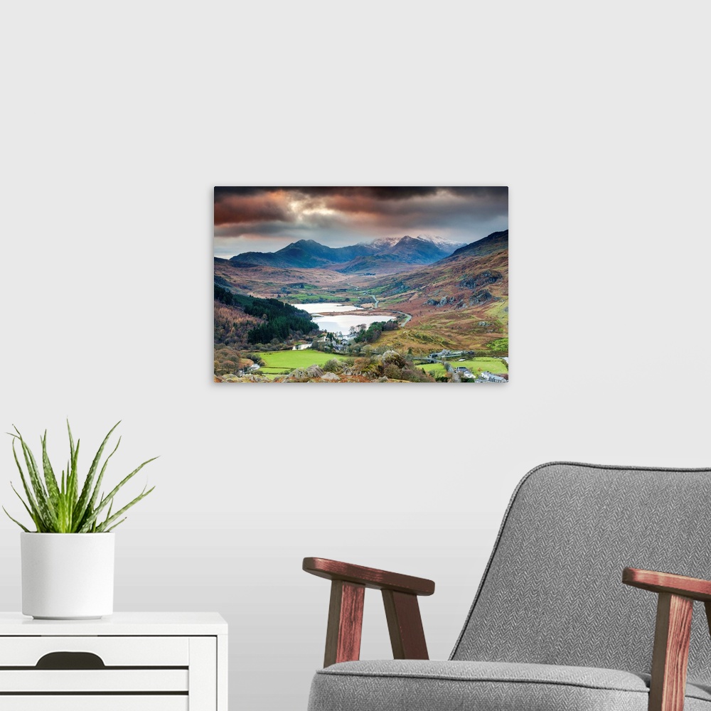 A modern room featuring UK, Wales, Great Britain, Snowdonia National Park, Gwynedd, Gwynedd, View over Capel Curig with M...