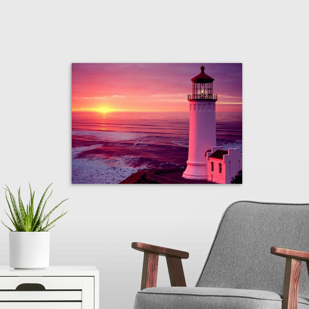 A modern room featuring Washington, Cape Disappointment, lighthouse at sunset