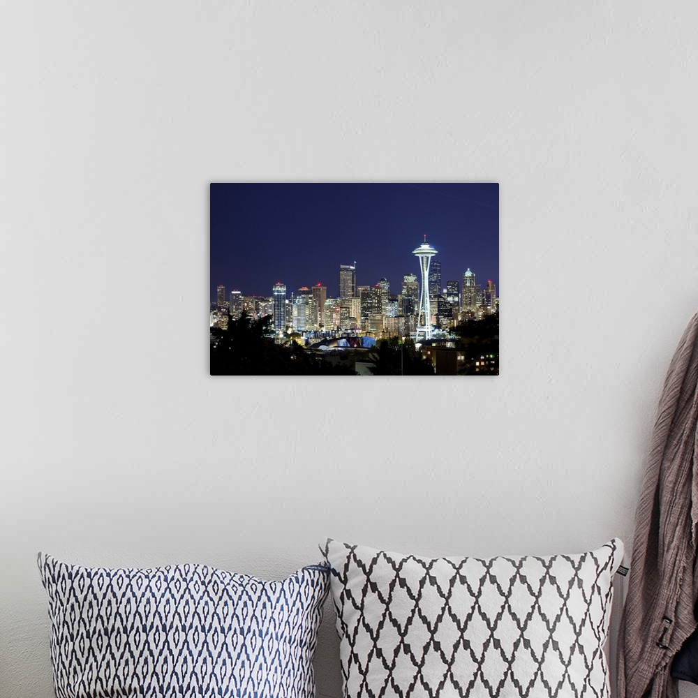 A bohemian room featuring United States, USA, Washington, Seattle, Skyline with Space Needle at night