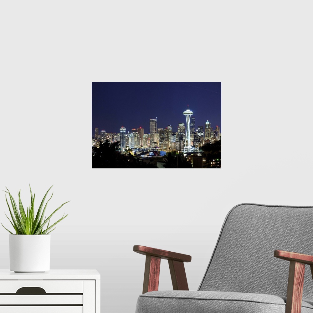 A modern room featuring United States, USA, Washington, Seattle, Skyline with Space Needle at night