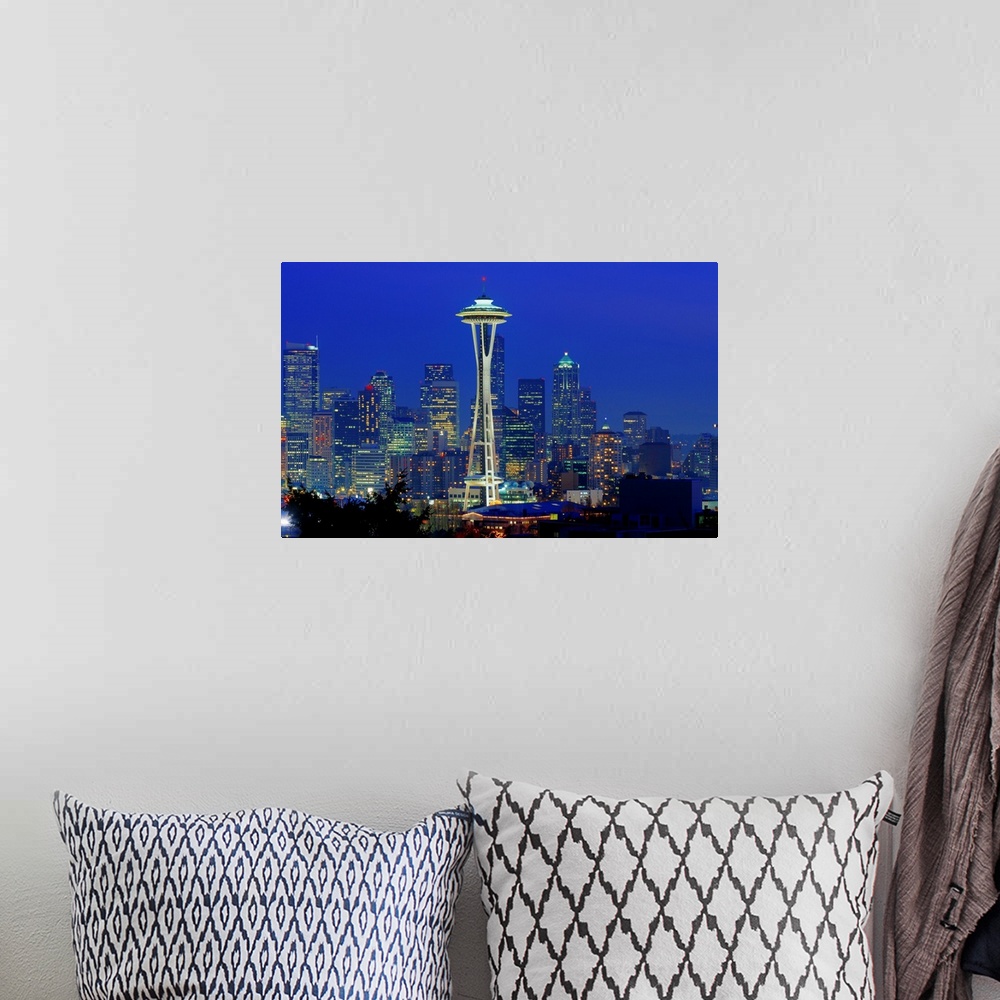 A bohemian room featuring Washington, Seattle, Space Needle with skyline, night illuminated
