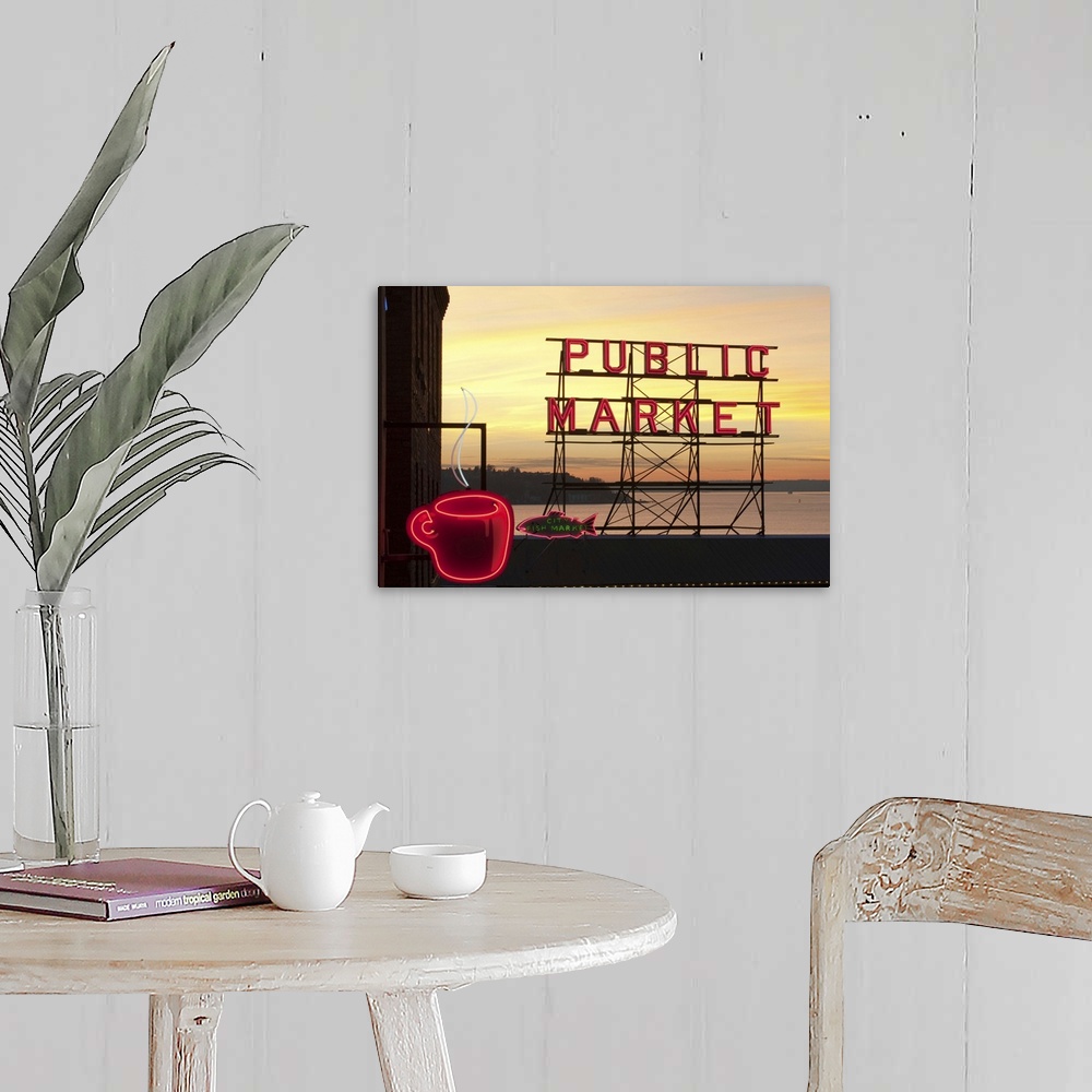 A farmhouse room featuring Washington, Seattle, The Public Market sign at Pike Place Market in the evening light