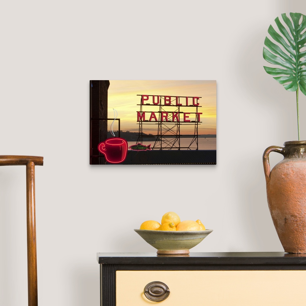 A traditional room featuring Washington, Seattle, The Public Market sign at Pike Place Market in the evening light
