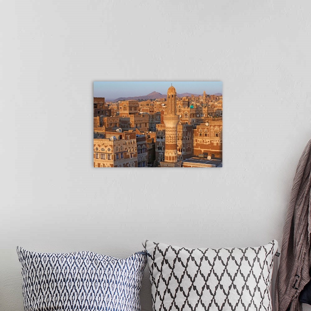A bohemian room featuring Yemen, North Yemen, Sanaa, Old Town, elevated view
