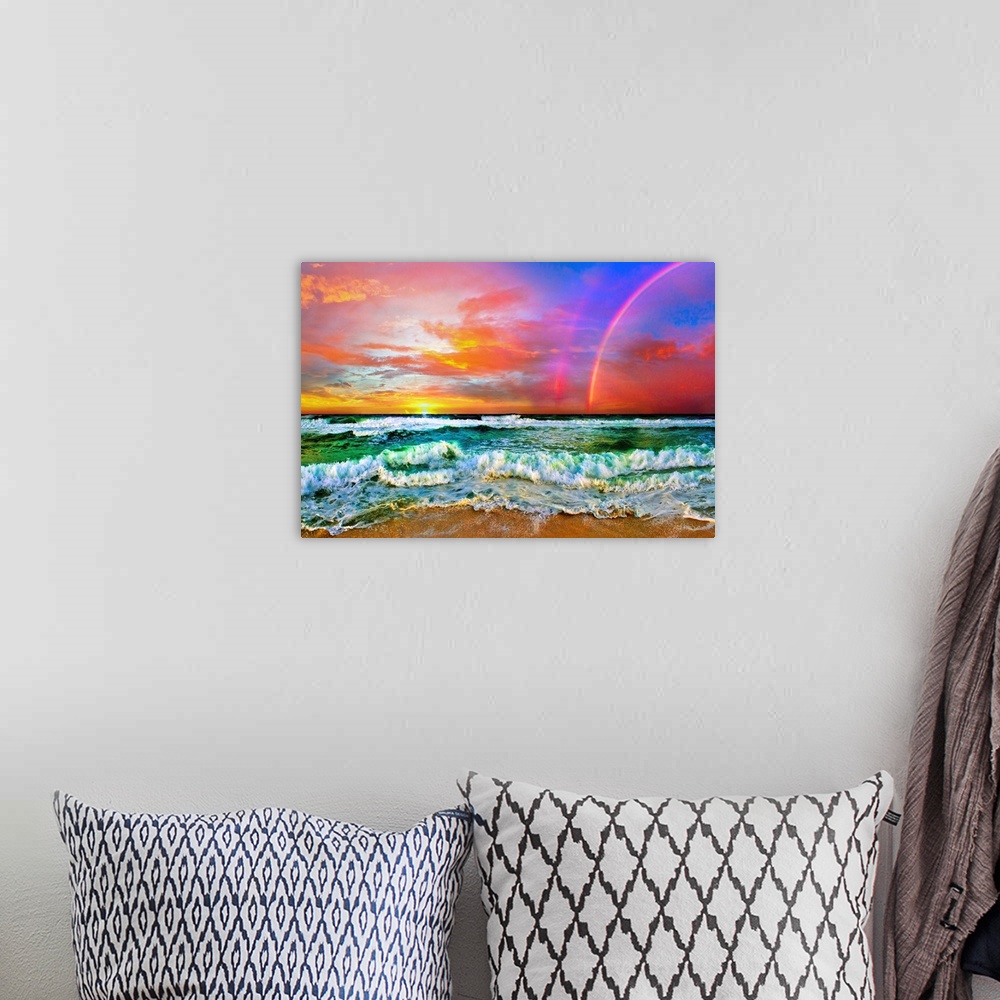 A bohemian room featuring A beautiful beach rainbow with ocean waves and a bright sunset, predominant colors are red and gr...