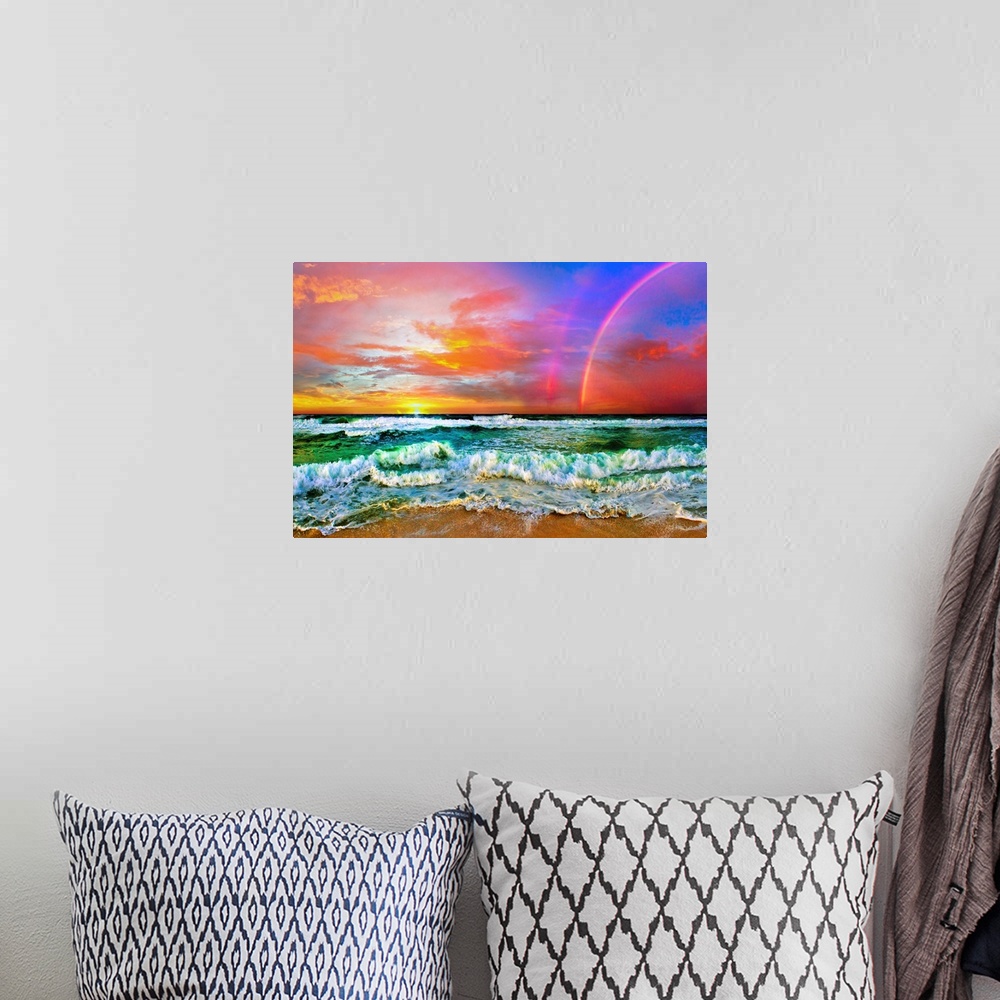 A bohemian room featuring A beautiful beach rainbow with ocean waves and a bright sunset, predominant colors are red and gr...