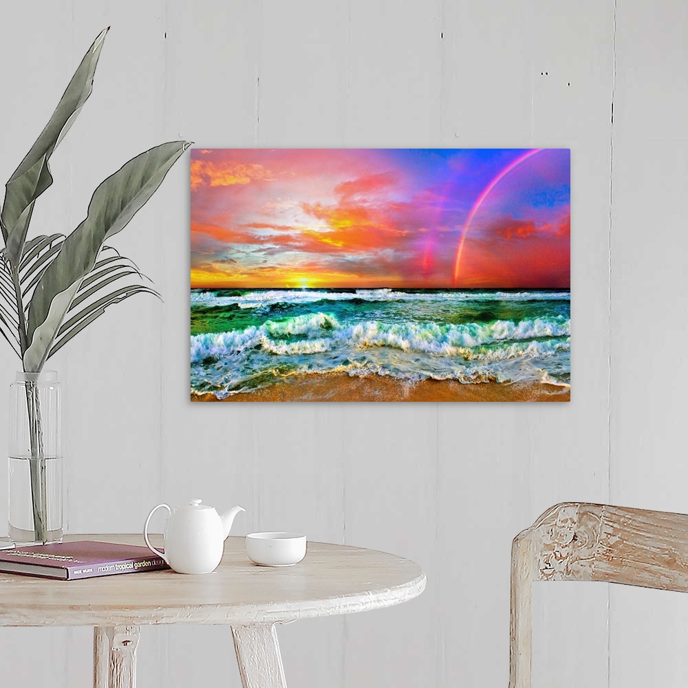 A farmhouse room featuring A beautiful beach rainbow with ocean waves and a bright sunset, predominant colors are red and gr...