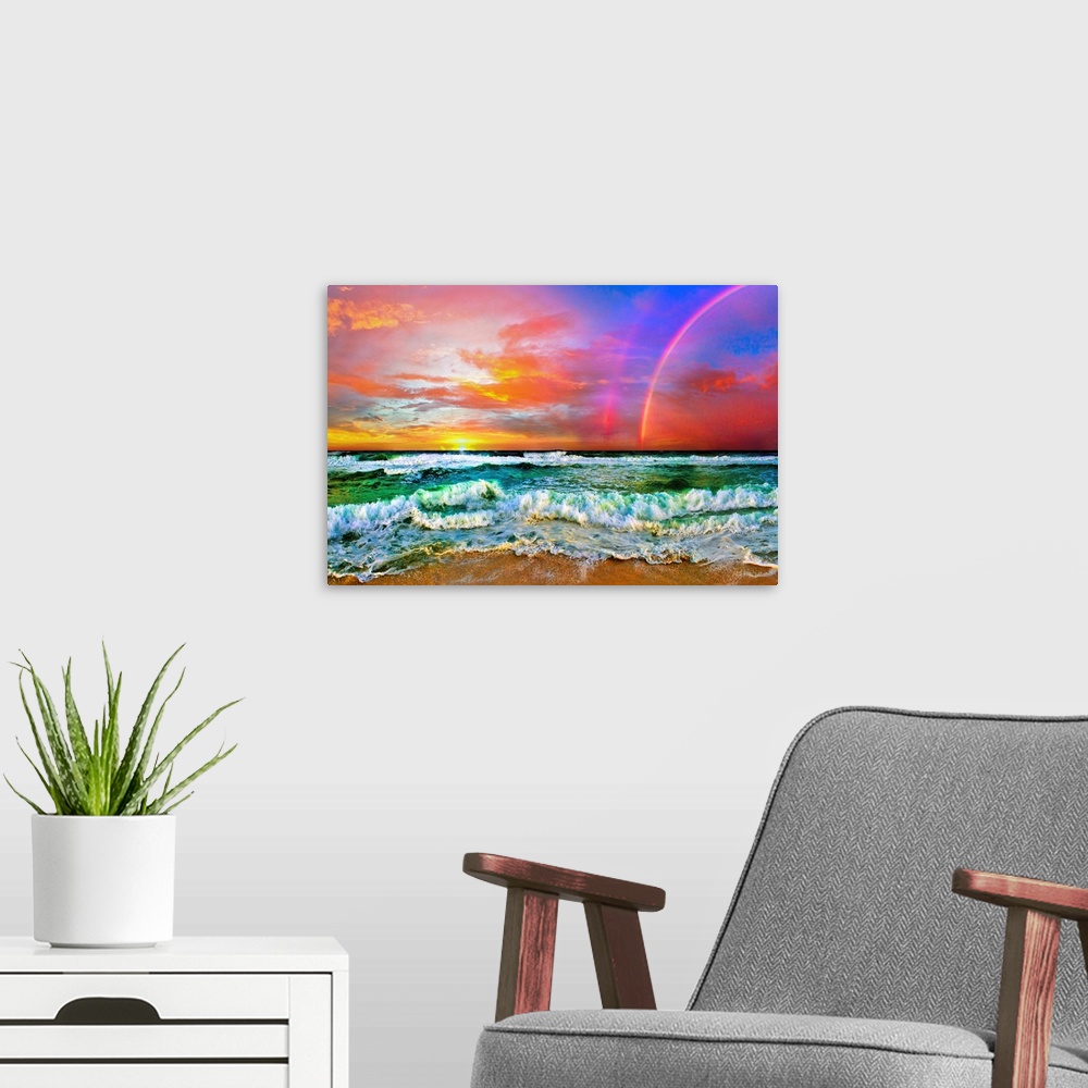 A modern room featuring A beautiful beach rainbow with ocean waves and a bright sunset, predominant colors are red and gr...
