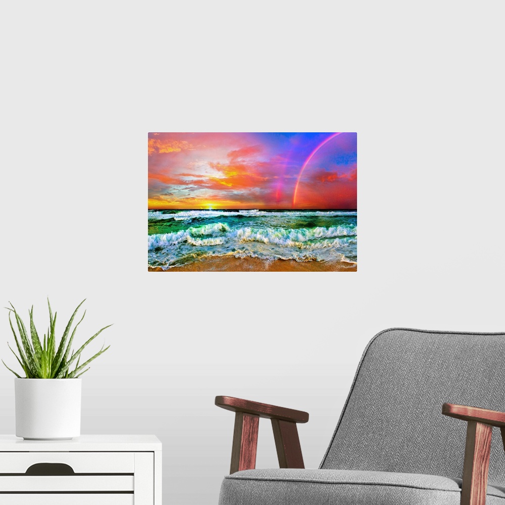 A modern room featuring A beautiful beach rainbow with ocean waves and a bright sunset, predominant colors are red and gr...