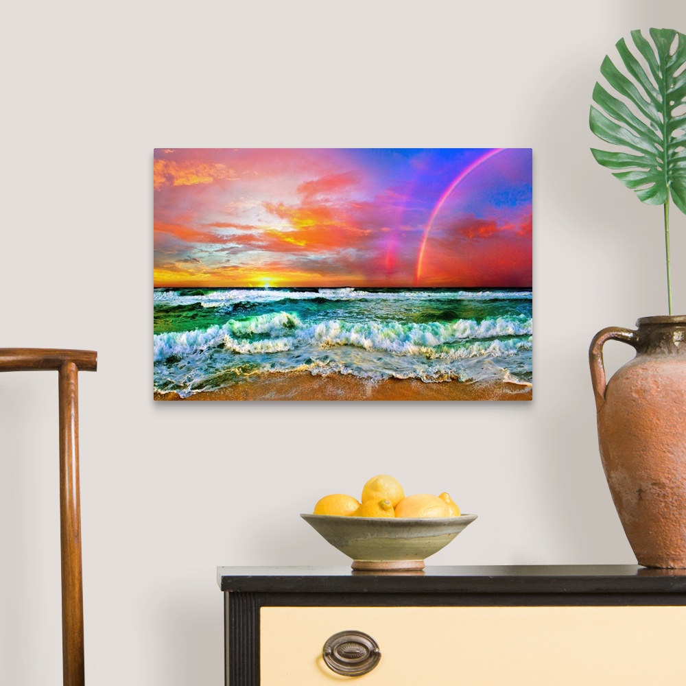 A traditional room featuring A beautiful beach rainbow with ocean waves and a bright sunset, predominant colors are red and gr...
