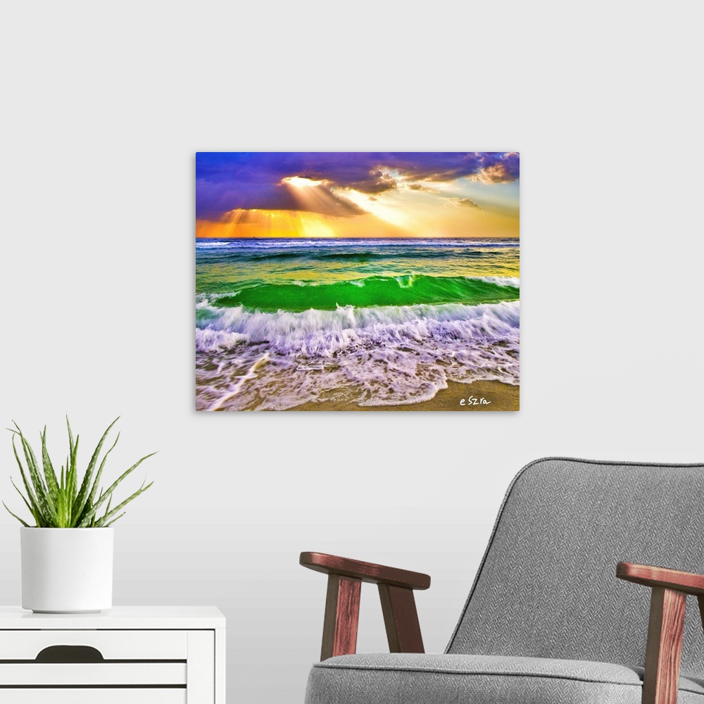 A modern room featuring Ocean Waves break upon the sea shore under a beautiful sunset. The golden sun rays break through ...