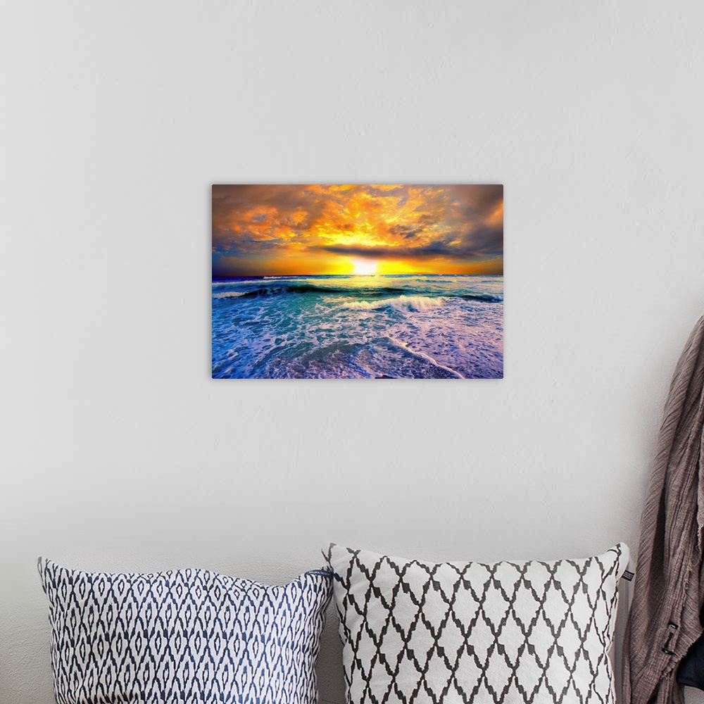 A bohemian room featuring A golden sunset on the beach in this beautiful landscape picture. This picture of a beautiful bea...