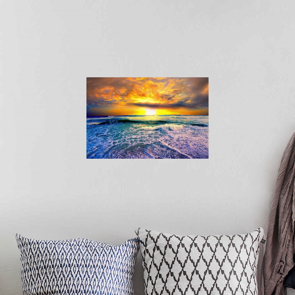 A bohemian room featuring A golden sunset on the beach in this beautiful landscape picture. This picture of a beautiful bea...