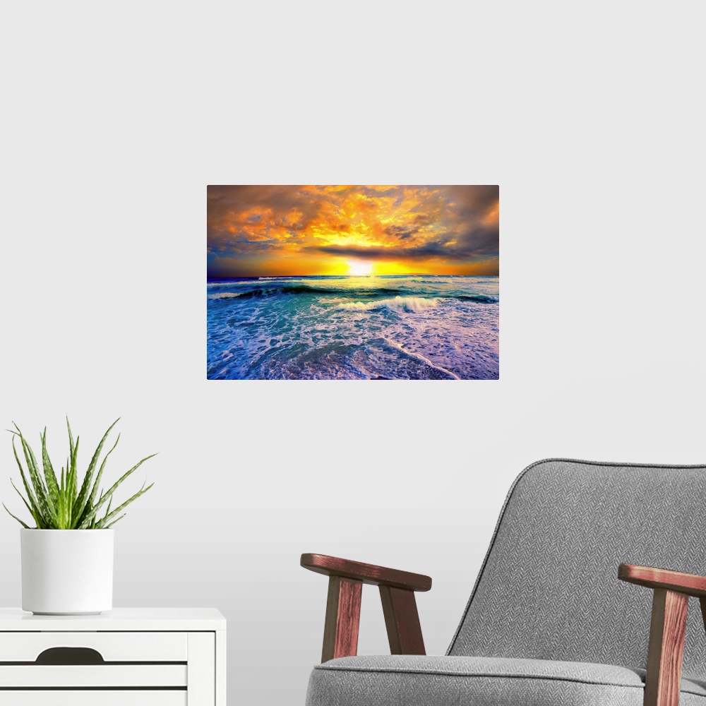 A modern room featuring A golden sunset on the beach in this beautiful landscape picture. This picture of a beautiful bea...