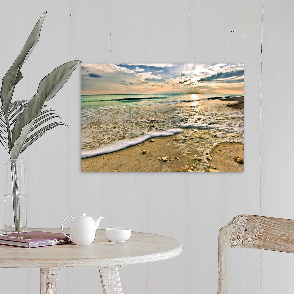 A farmhouse room featuring Landscape photography of a beautiful beach sunset with a green seascape. This picture is titled S...