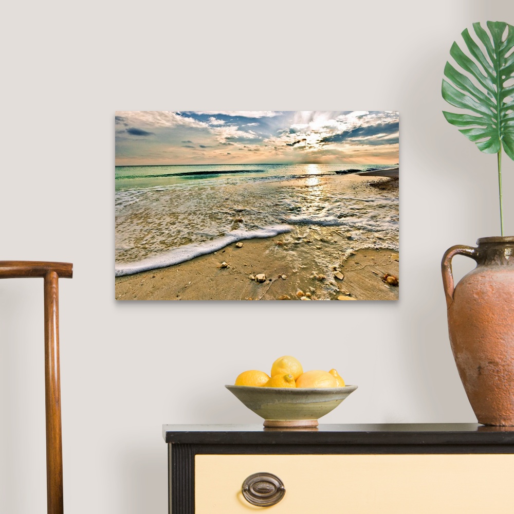A traditional room featuring Landscape photography of a beautiful beach sunset with a green seascape. This picture is titled S...