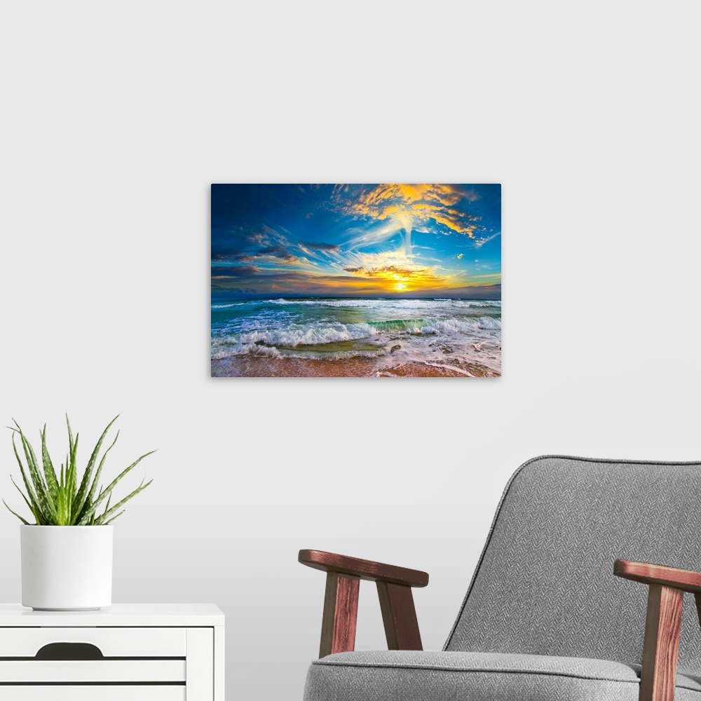 A modern room featuring This beautiful beach sunset pictures the eternal sea as it disappears into a beautiful yellow sun...