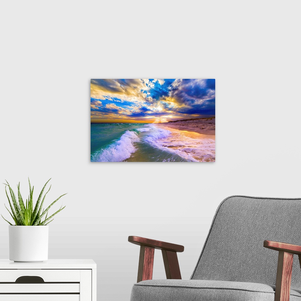 A modern room featuring Breaking waves over a blue beach under a sunset in Florida.