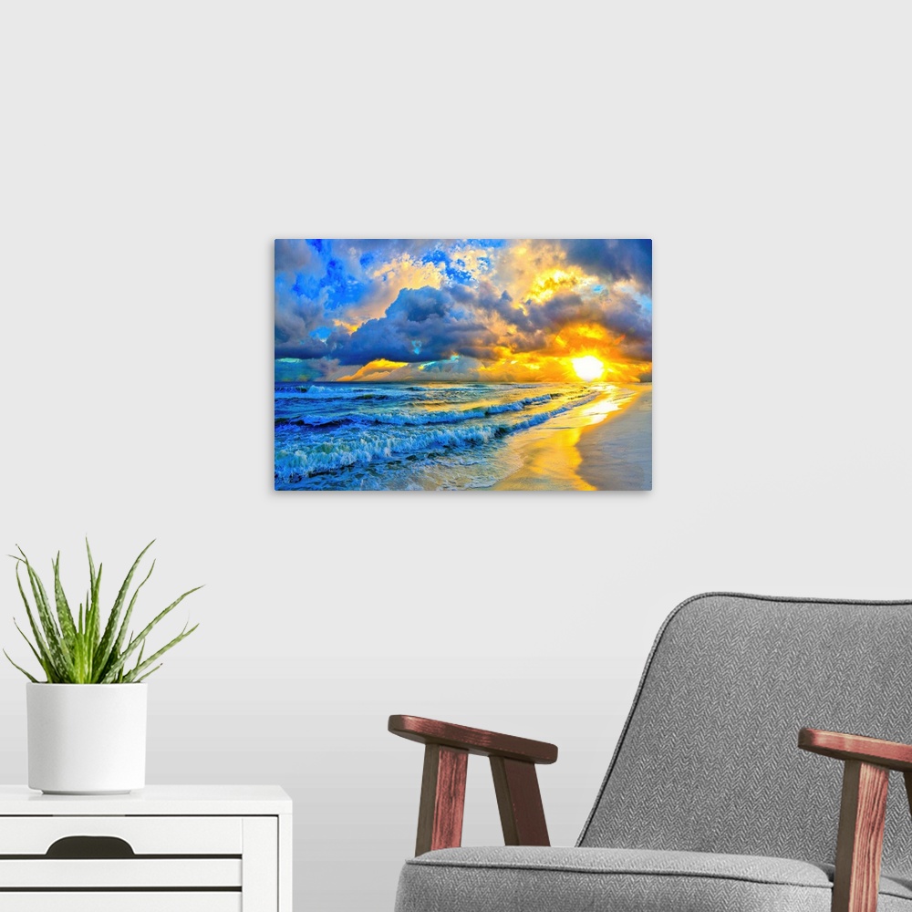 A modern room featuring A beautiful ocean sunset with layered waves and shore in this blue art print.