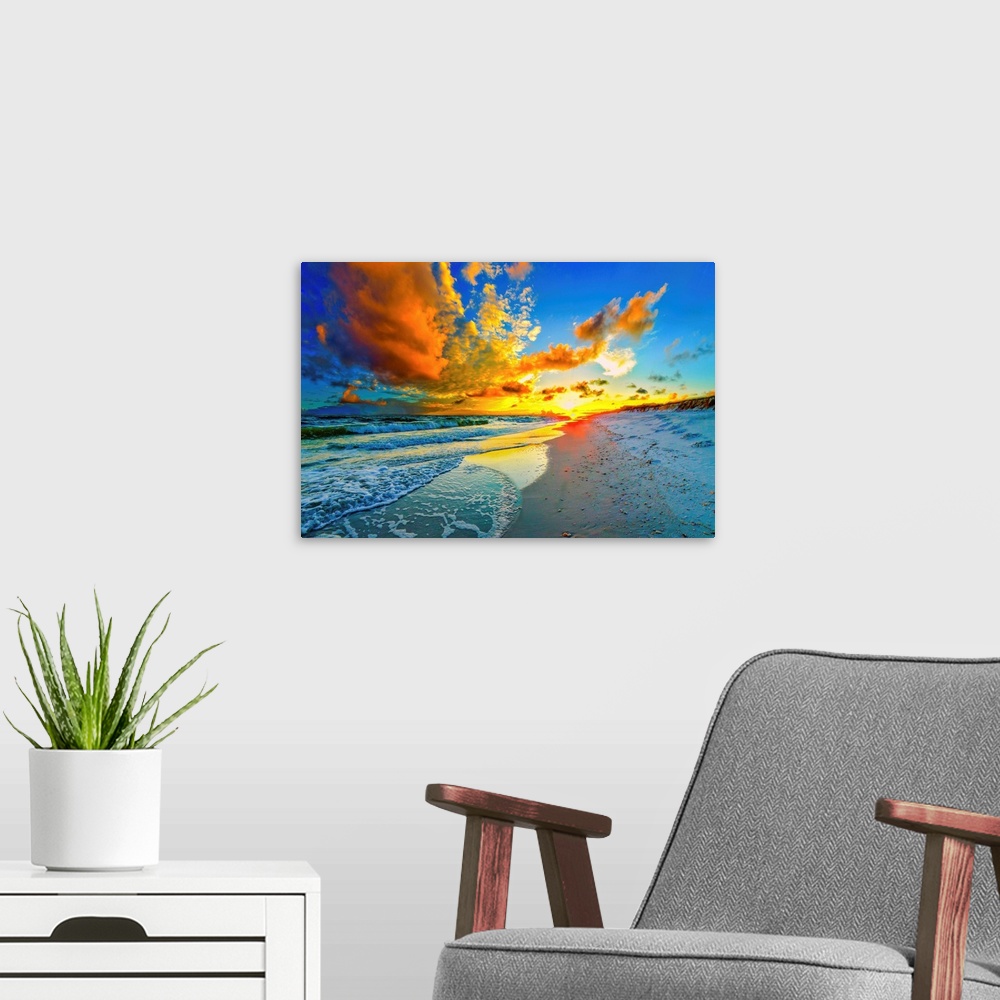 A modern room featuring A dark and beautiful blue sky at sunset. An orange sunset expands outward from a yellow sun over ...