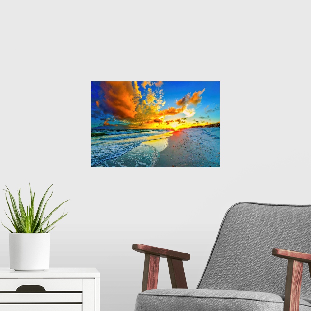 A modern room featuring A dark and beautiful blue sky at sunset. An orange sunset expands outward from a yellow sun over ...
