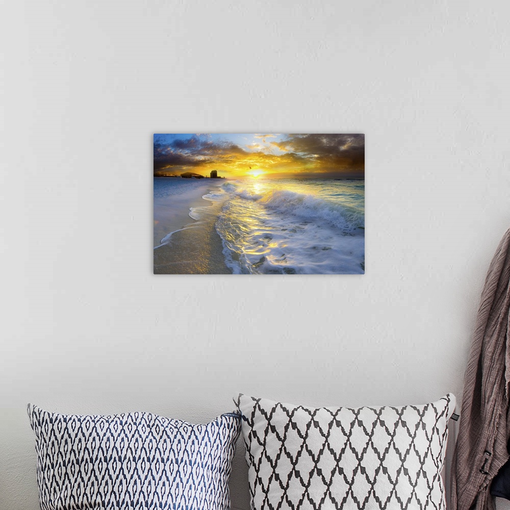 A bohemian room featuring A beautiful beach landscape at sunrise with ocean waves.
