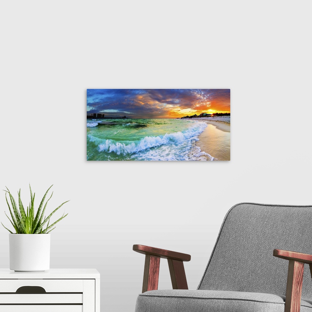 A modern room featuring Beautiful ocean sunset with crashing waves and a vibrant red sunset on the beach. Makes a great p...