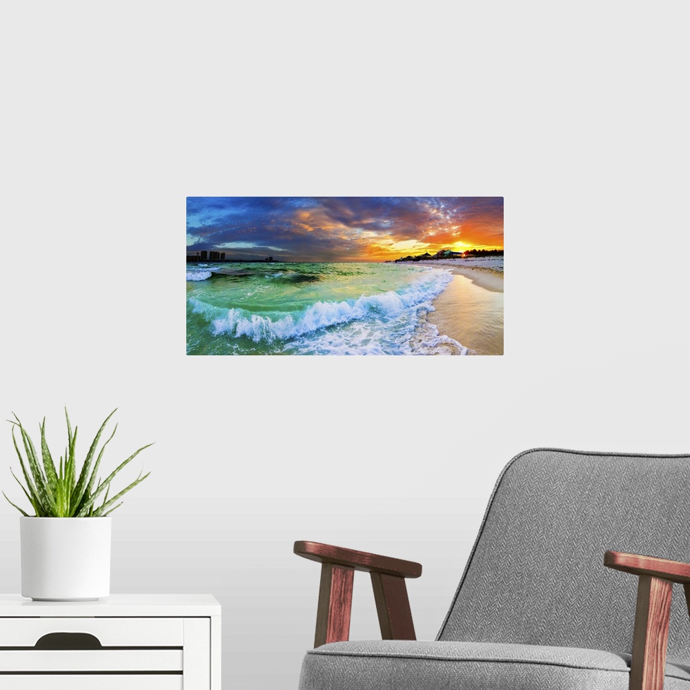 A modern room featuring Beautiful ocean sunset with crashing waves and a vibrant red sunset on the beach. Makes a great p...