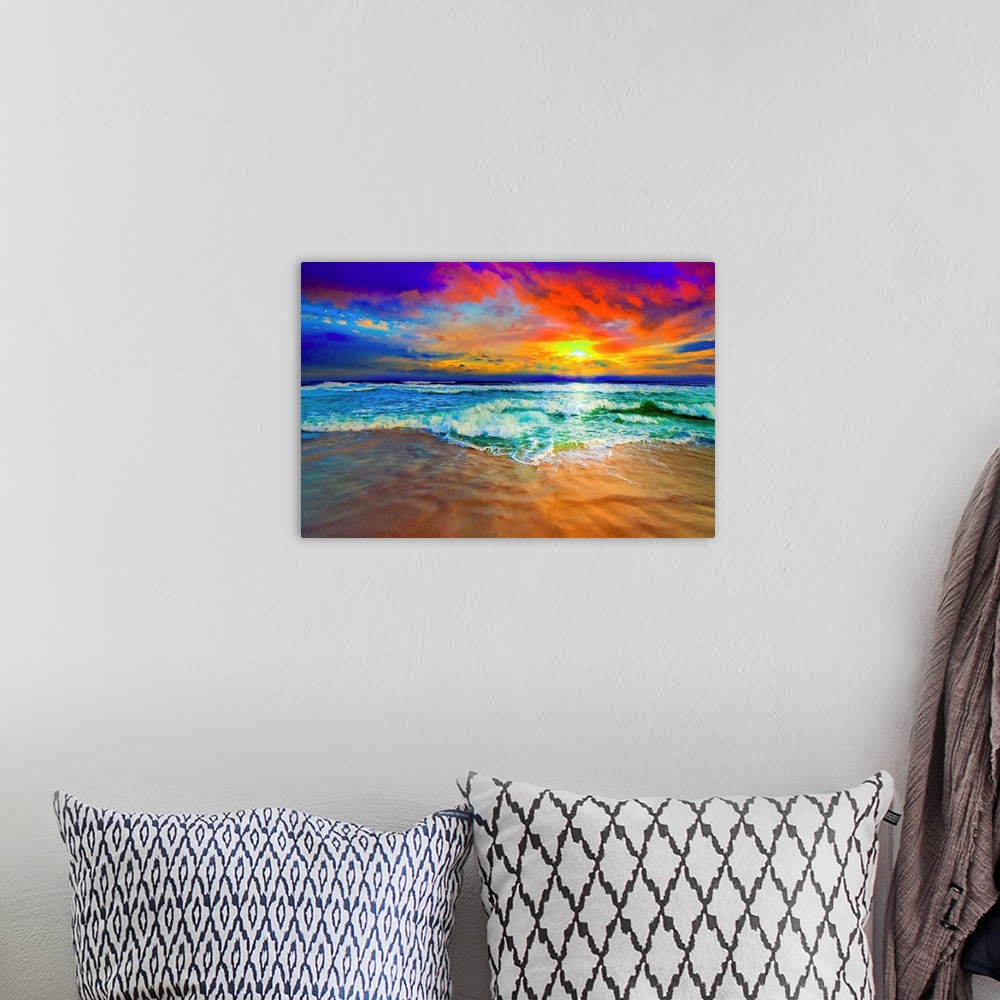 A bohemian room featuring This beautiful ocean sunset is a vibrant red landscape. This is part of the colorful beach photog...