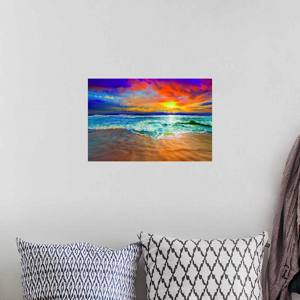 A bohemian room featuring This beautiful ocean sunset is a vibrant red landscape. This is part of the colorful beach photog...