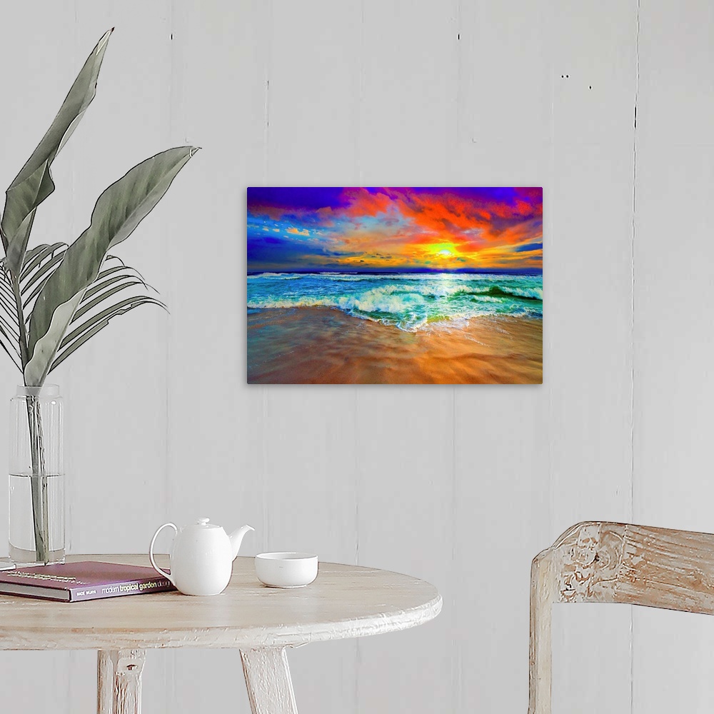 A farmhouse room featuring This beautiful ocean sunset is a vibrant red landscape. This is part of the colorful beach photog...