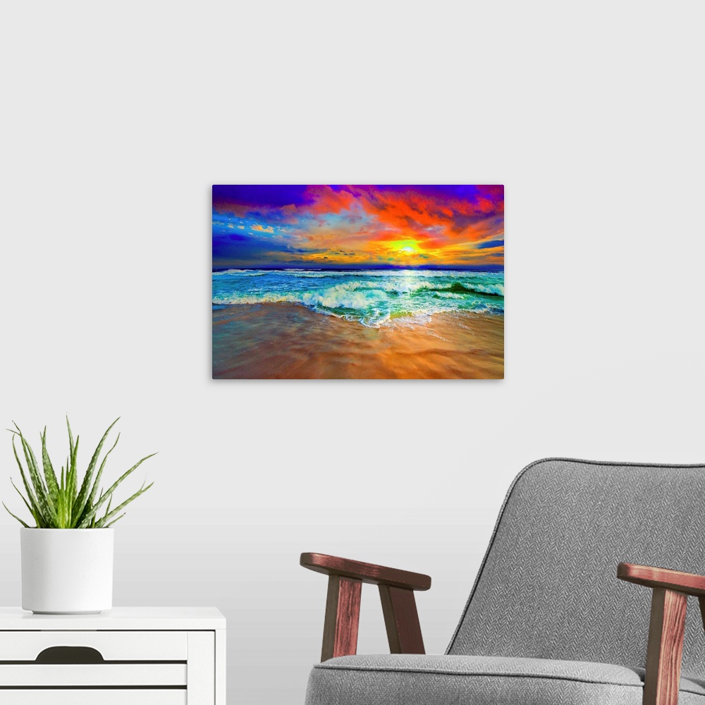 A modern room featuring This beautiful ocean sunset is a vibrant red landscape. This is part of the colorful beach photog...