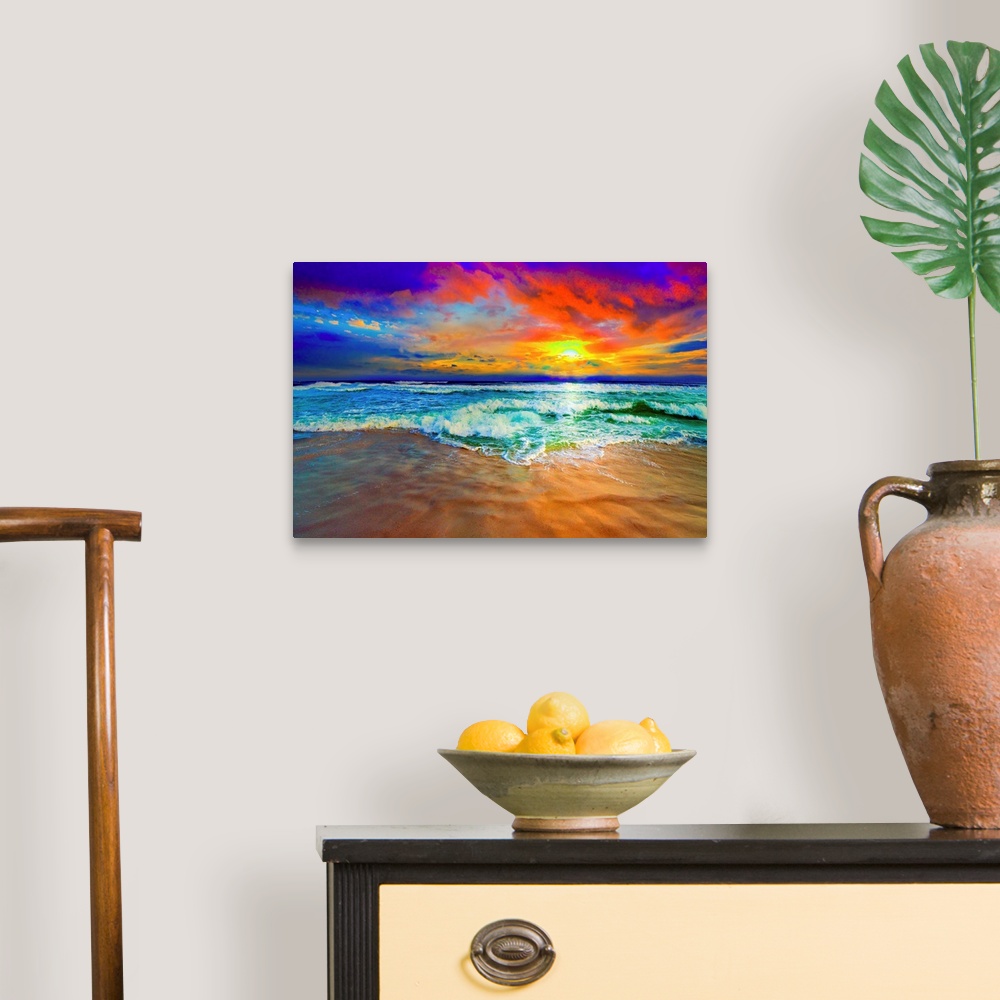 A traditional room featuring This beautiful ocean sunset is a vibrant red landscape. This is part of the colorful beach photog...
