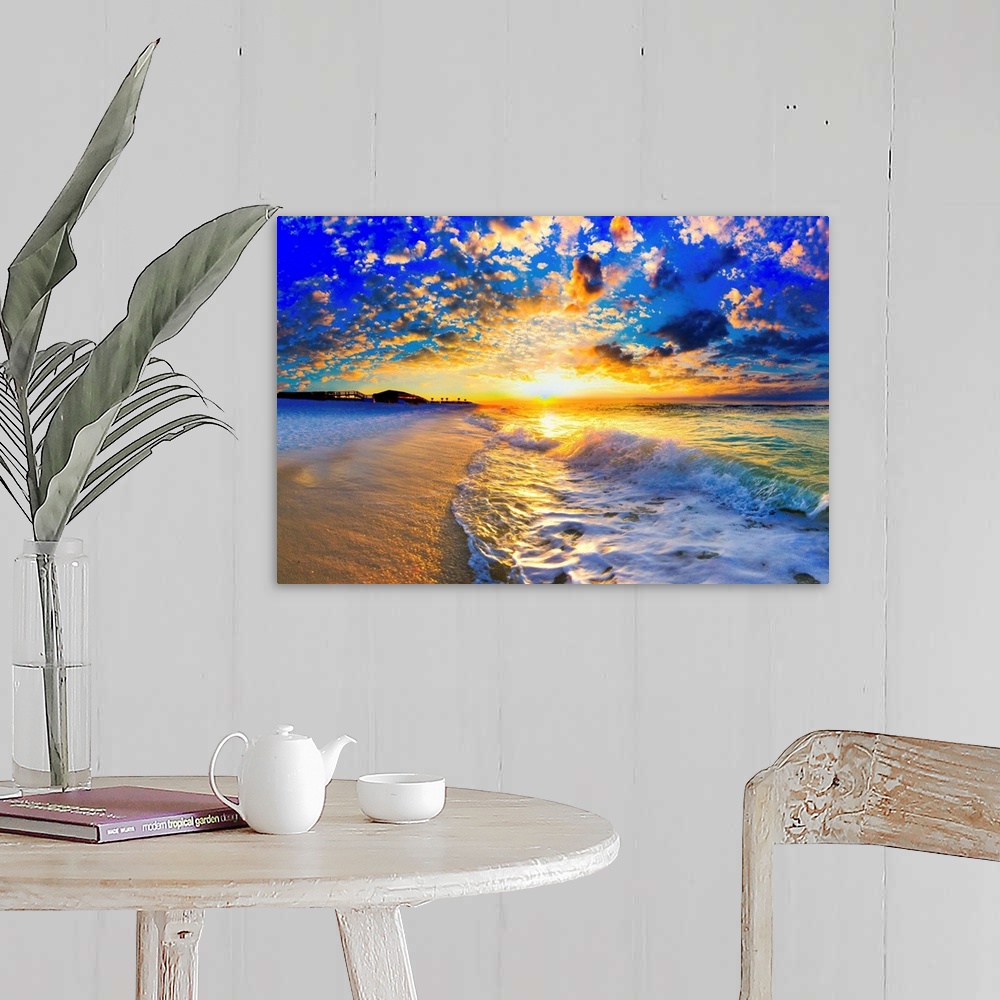 A farmhouse room featuring Ocean landscape photograph of a beautiful ocean sunset.