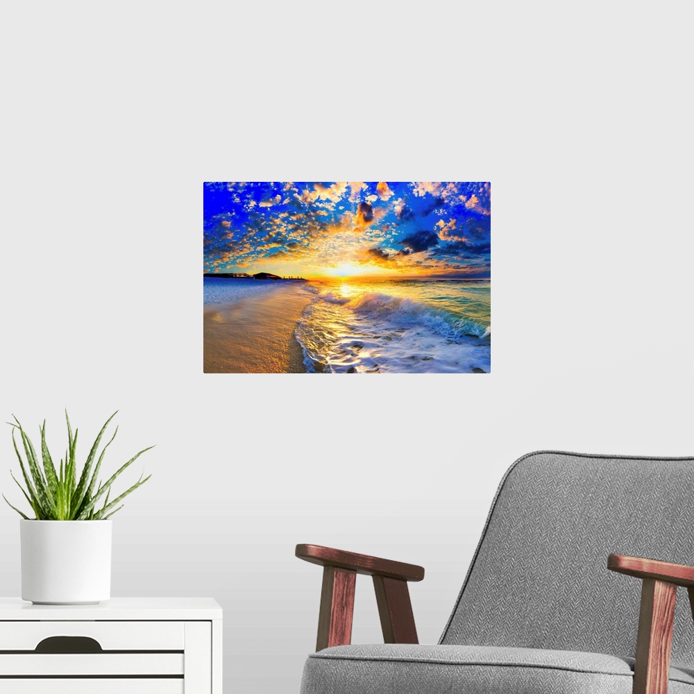 A modern room featuring Ocean landscape photograph of a beautiful ocean sunset.