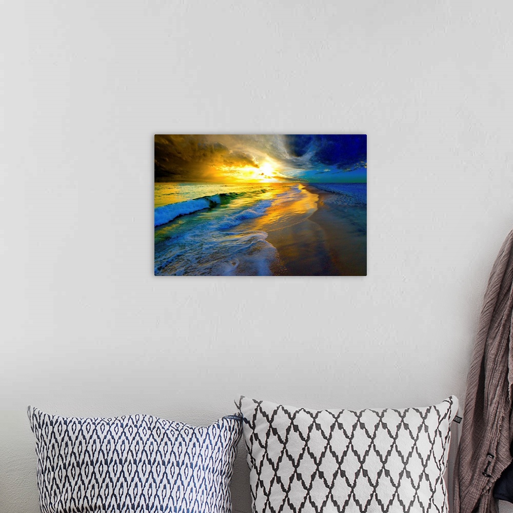 A bohemian room featuring A beautiful ocean sunset with waves striking a sunlit sea shore.