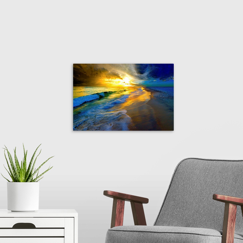 A modern room featuring A beautiful ocean sunset with waves striking a sunlit sea shore.