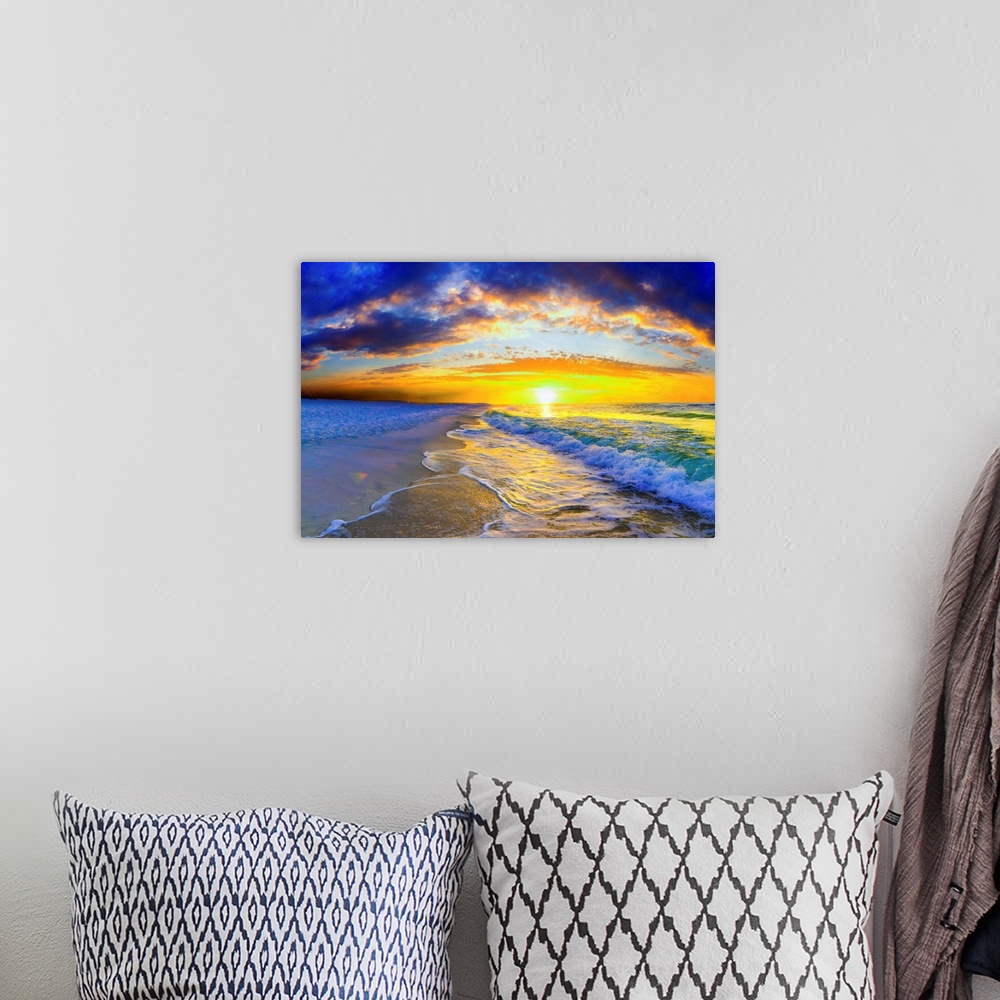 A bohemian room featuring An ocean sunrise with beautiful waves and an orange sunrise.