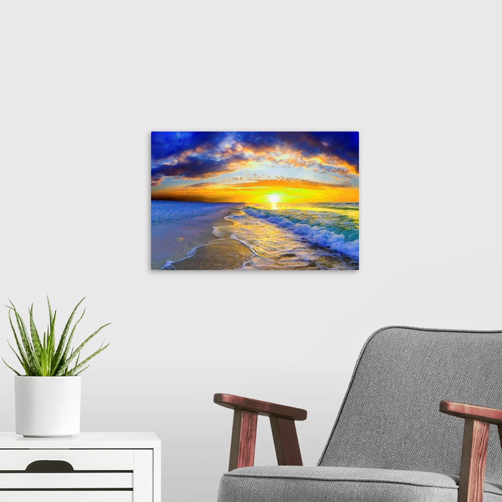 A modern room featuring An ocean sunrise with beautiful waves and an orange sunrise.