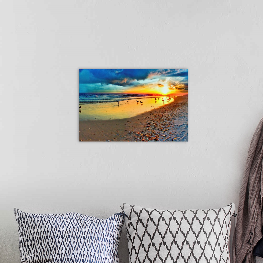 A bohemian room featuring Dark blue sunset landscape over a sandy shoreline. Birds play in the reseding surf. A trail of be...
