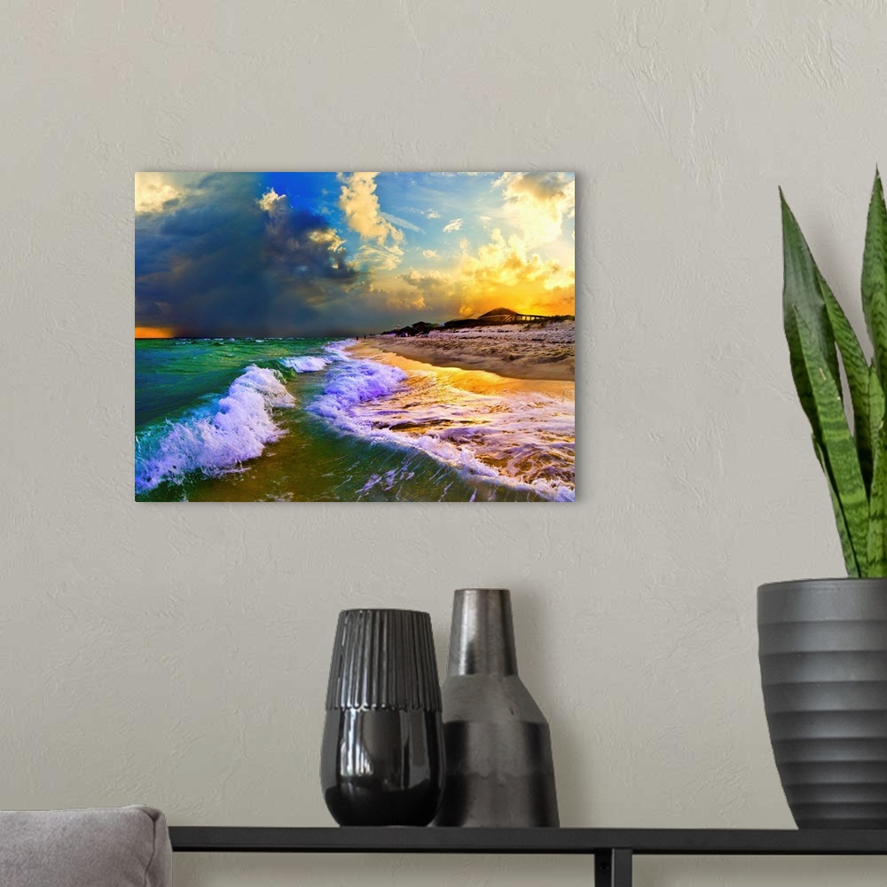 A modern room featuring White foam crested breaking waves sunset on the beach. A dark red and green seascape. Landscape t...