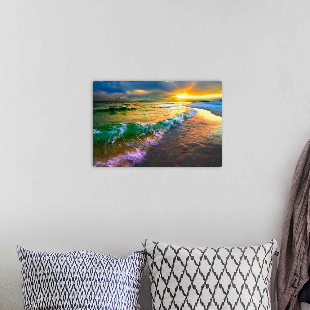 A bohemian room featuring White foam crested breaking waves sunset on the beach. A dark red and green seascape. Landscape t...