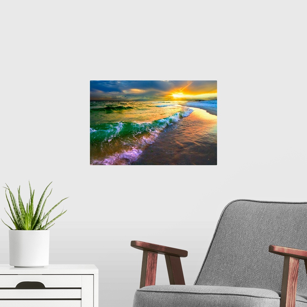 A modern room featuring White foam crested breaking waves sunset on the beach. A dark red and green seascape. Landscape t...