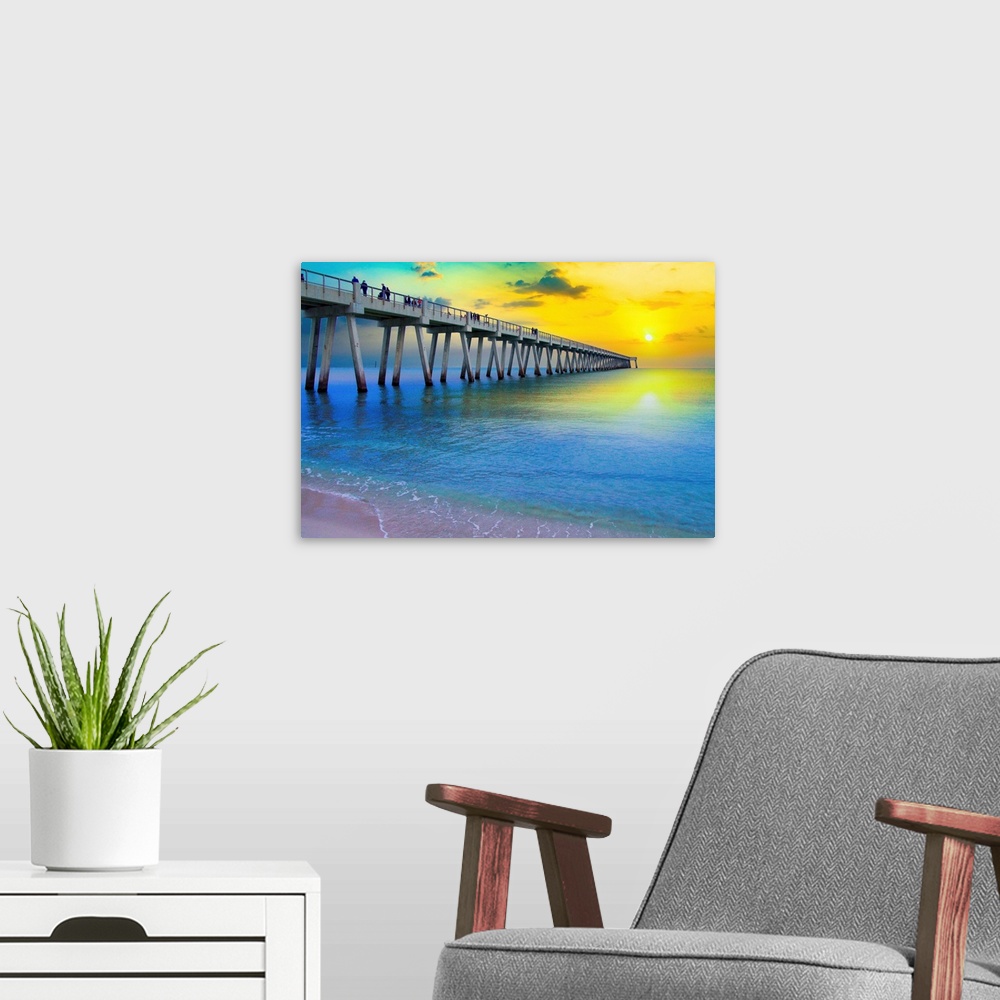 A modern room featuring Navarre Beach Fishing Pier at sunset.