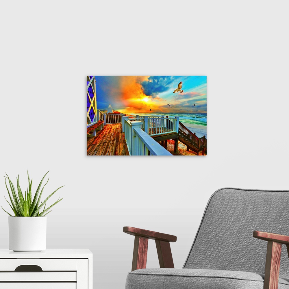 A modern room featuring A blue cloud looms above a bright orange sunrise. A sea hawk sores above a white staircase that l...