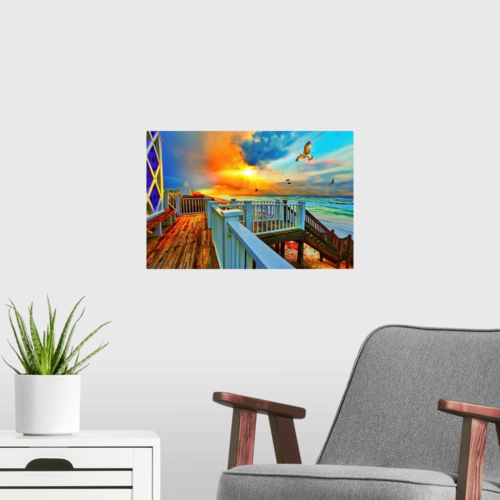 A modern room featuring A blue cloud looms above a bright orange sunrise. A sea hawk sores above a white staircase that l...
